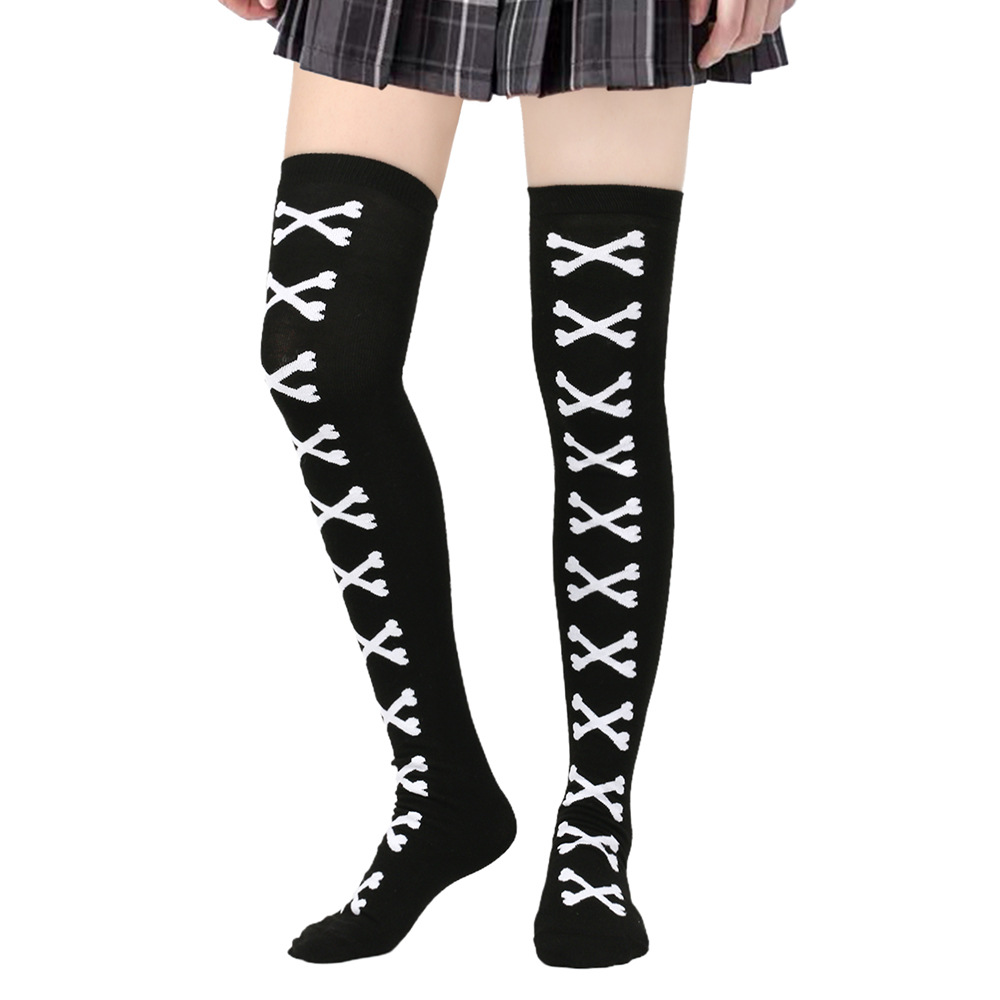 Halloween Over Knee Socks With Crossbones Print Design For Party